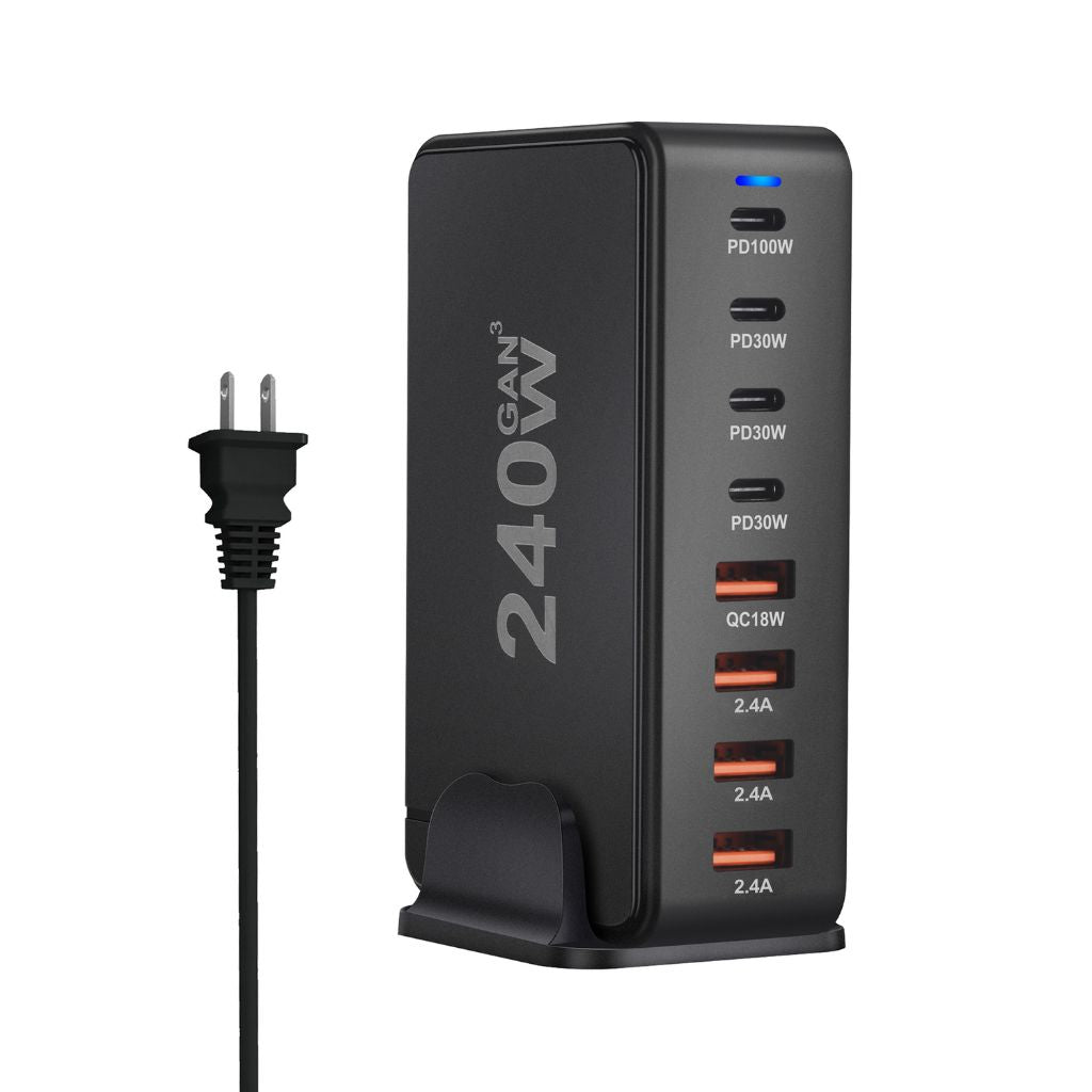 240W GaN 8-Port USB-C Charger with advanced GaN technology, featuring four USB-C PD ports and four USB-A QC ports for ultra-fast and efficient multi-device charging. Compact and lightweight design suitable for home, office, and travel use.