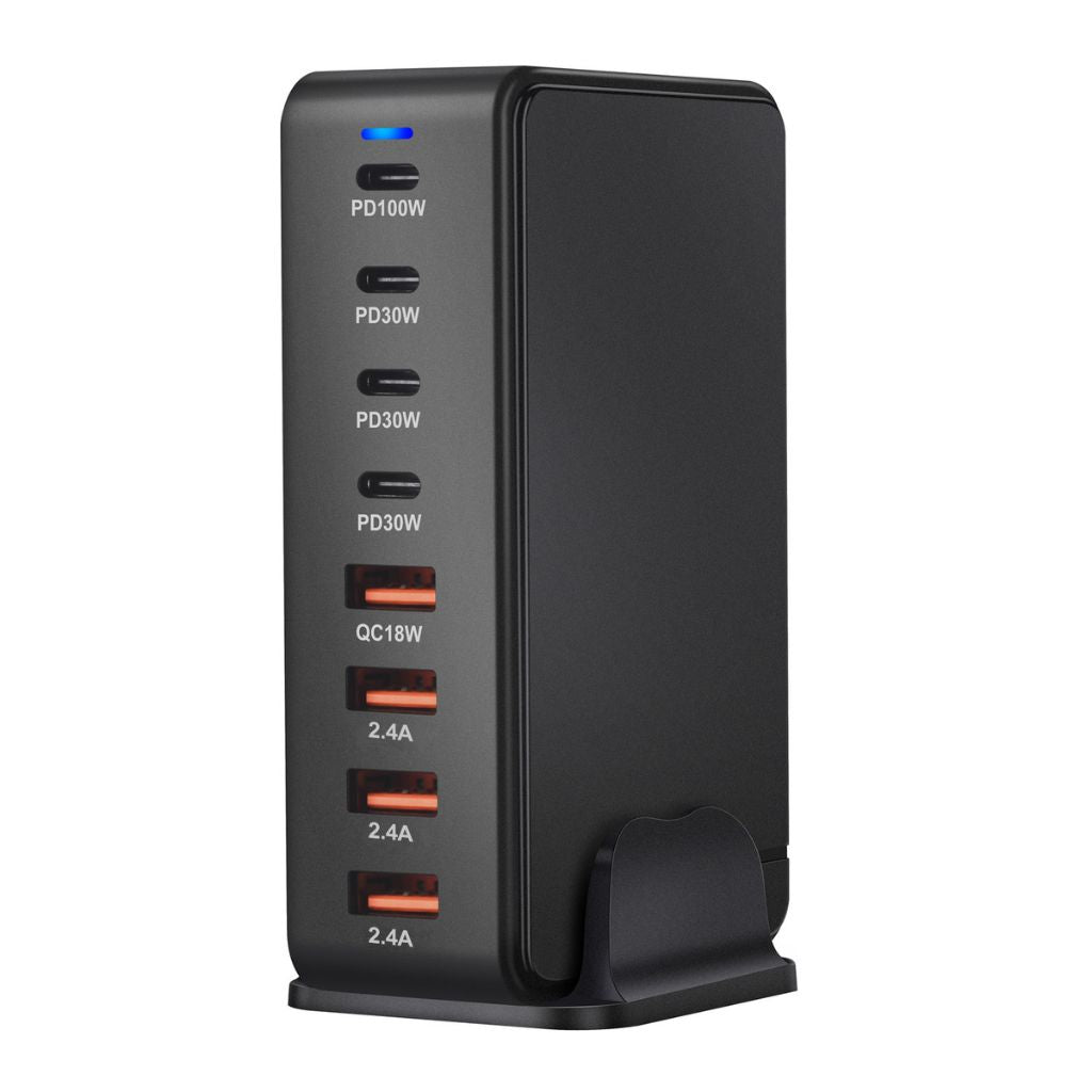 240W GaN 8-Port USB-C Charger with advanced GaN technology, featuring four USB-C PD ports and four USB-A QC ports for ultra-fast and efficient multi-device charging. Compact and lightweight design suitable for home, office, and travel use.