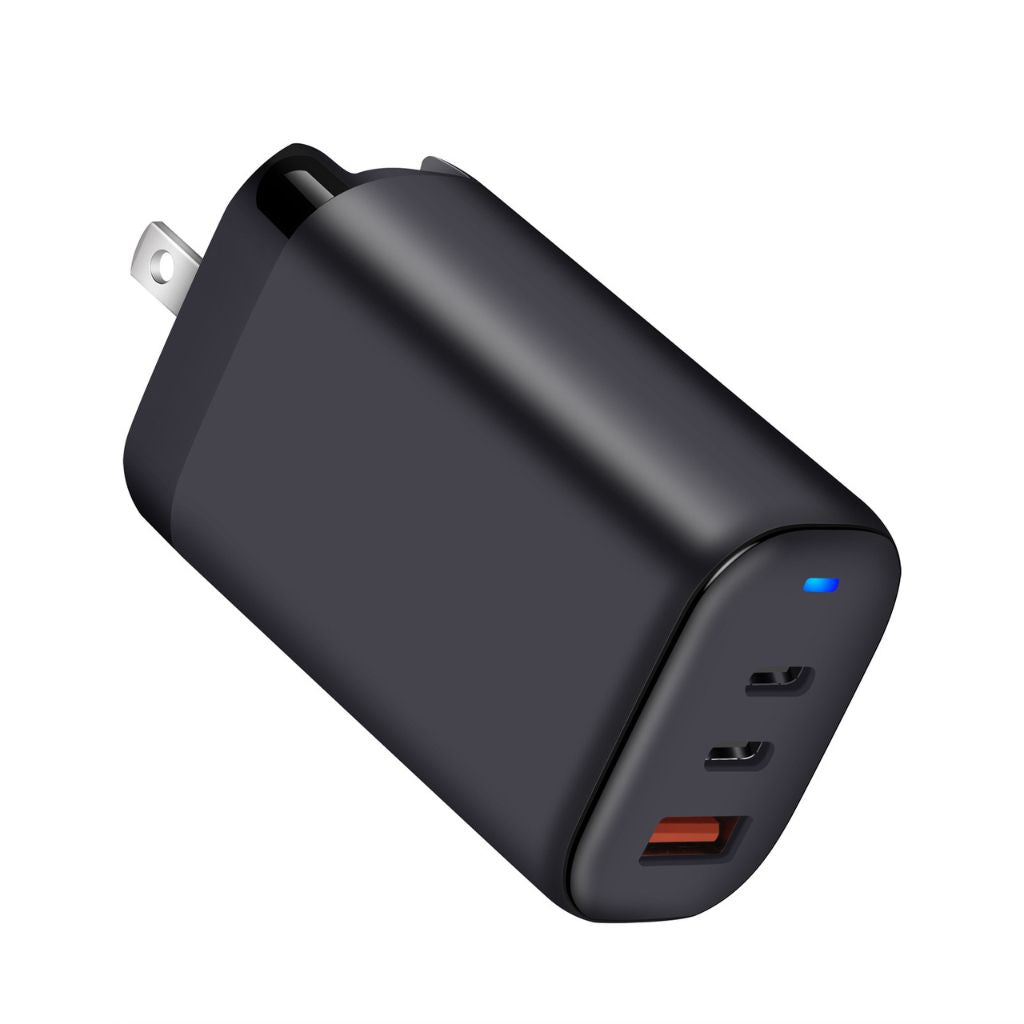 65W GaN 3-Port USB-C Charger with advanced GaN technology, featuring two USB-C PD ports and one USB-A QC port for fast and efficient multi-device charging. Compact and lightweight design suitable for home, office, and travel use.