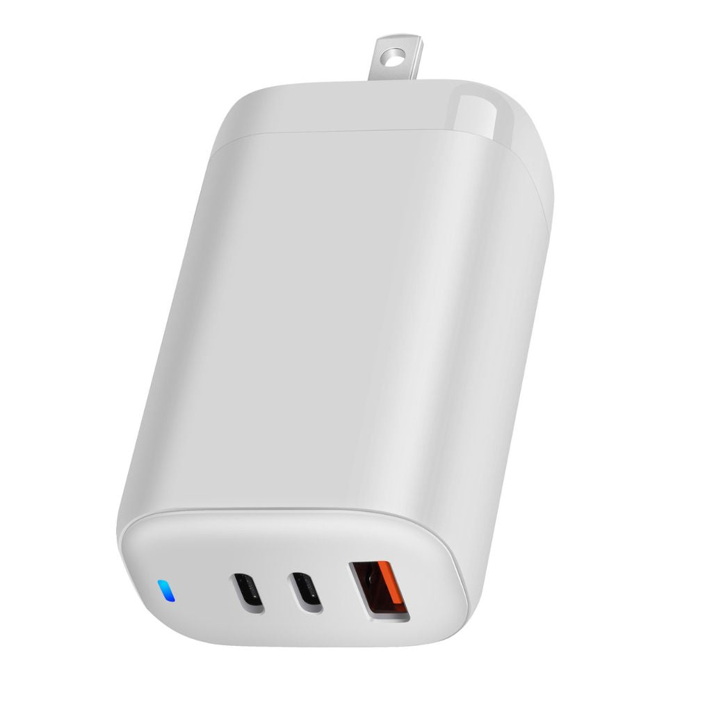 65W GaN 3-Port USB-C Charger with advanced GaN technology, featuring two USB-C PD ports and one USB-A QC port for fast and efficient multi-device charging. Compact and lightweight design suitable for home, office, and travel use.