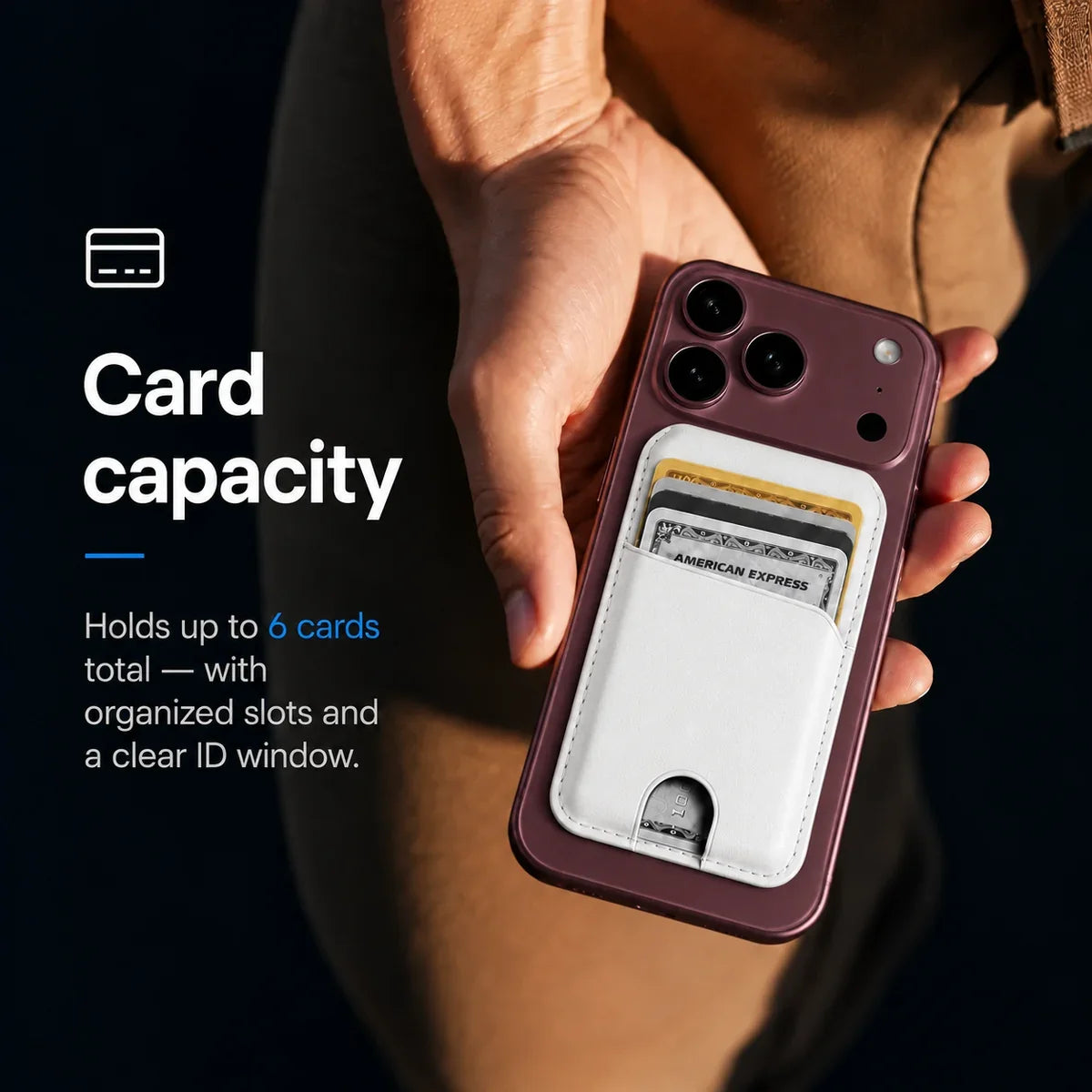 Arctic White magnetic wallet attached to a Burgundy iPhone held in a hand. #color_Arctic White