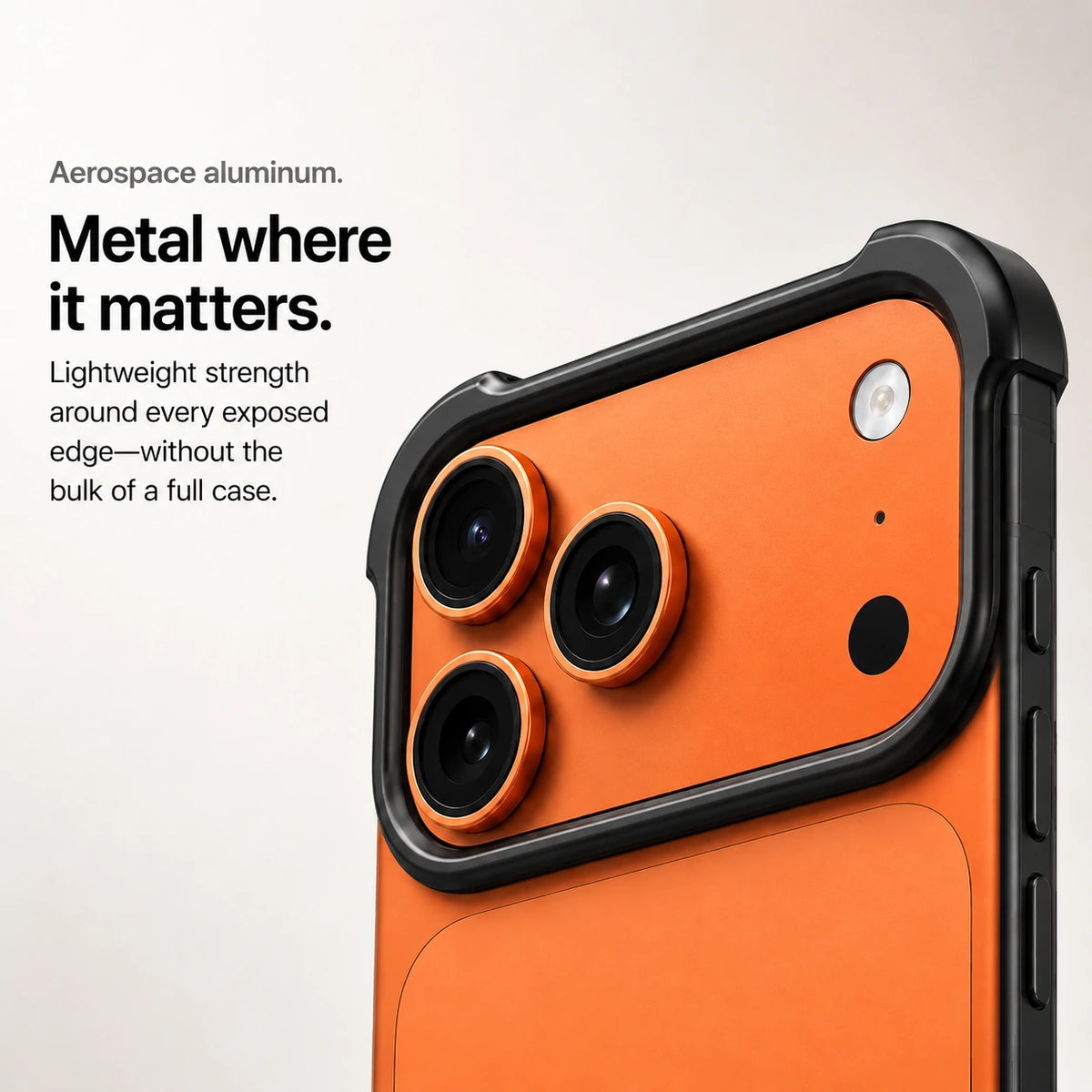 Black open metal bumper phone case with a close view of its raised camera perimeter #color_Midnight Black