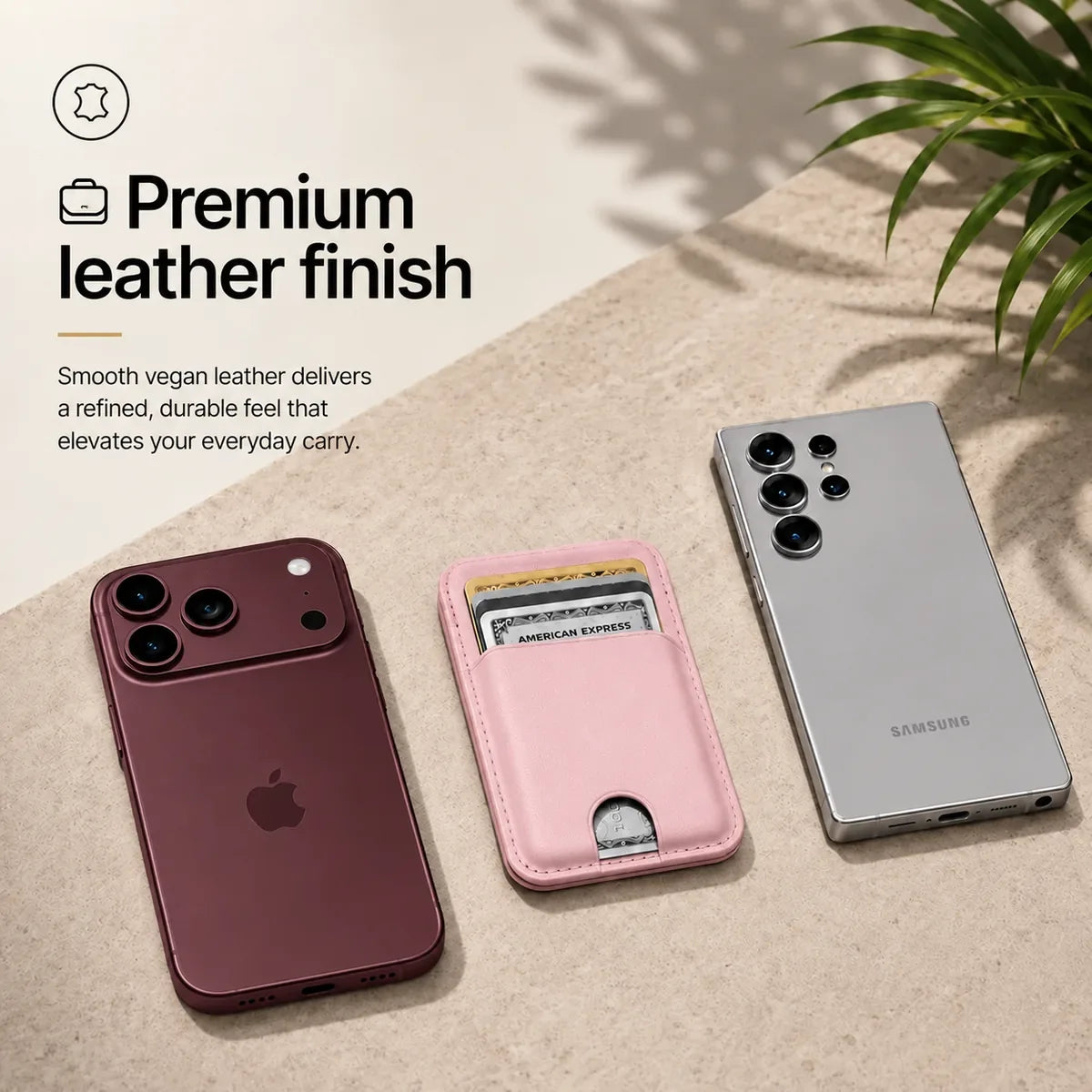 Blush Pink magnetic wallet and cards between a Burgundy iPhone and a silver Samsung phone. #color_Blush Pink