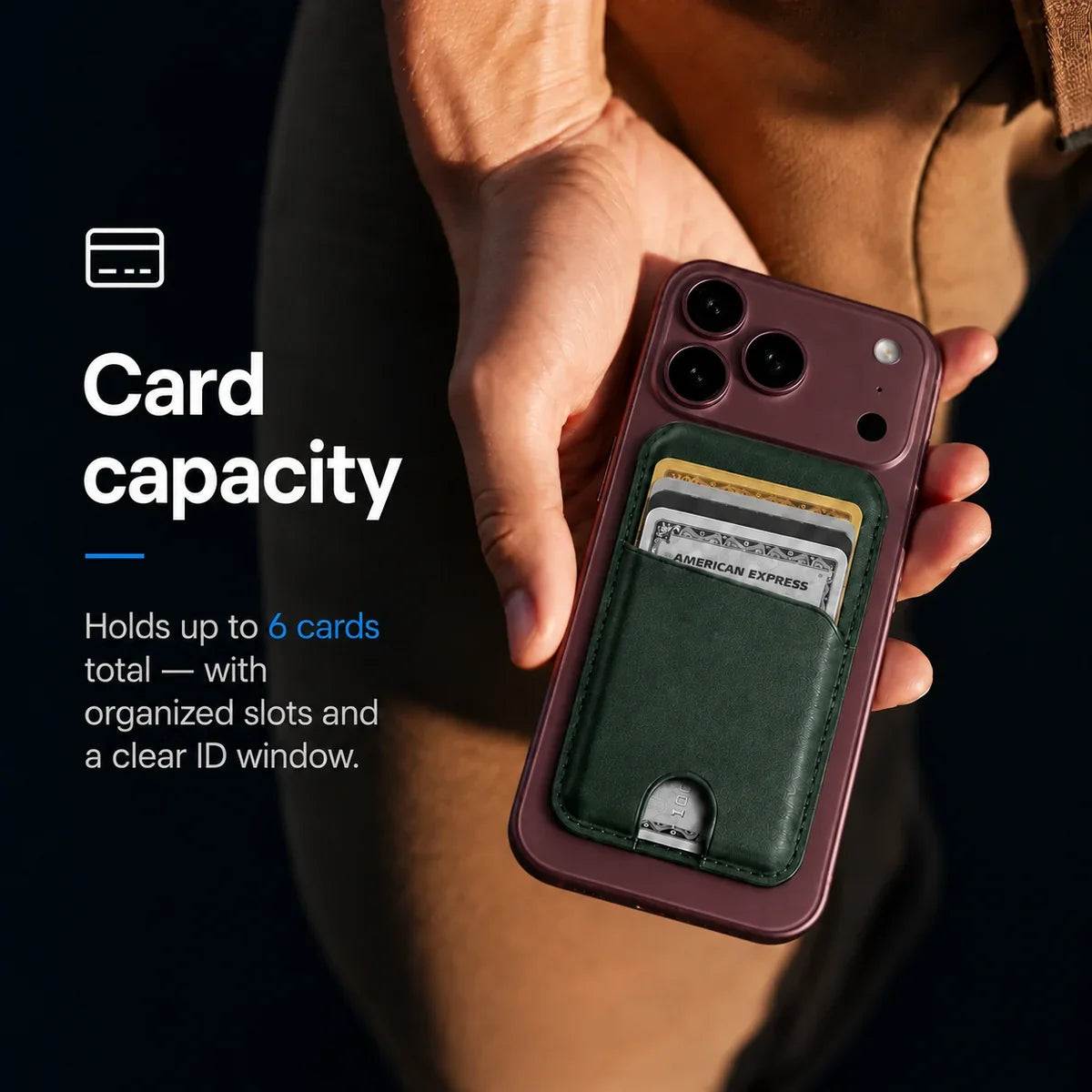 Emerald Green magnetic wallet attached to a Burgundy iPhone held in a hand. #color_Emerald Green