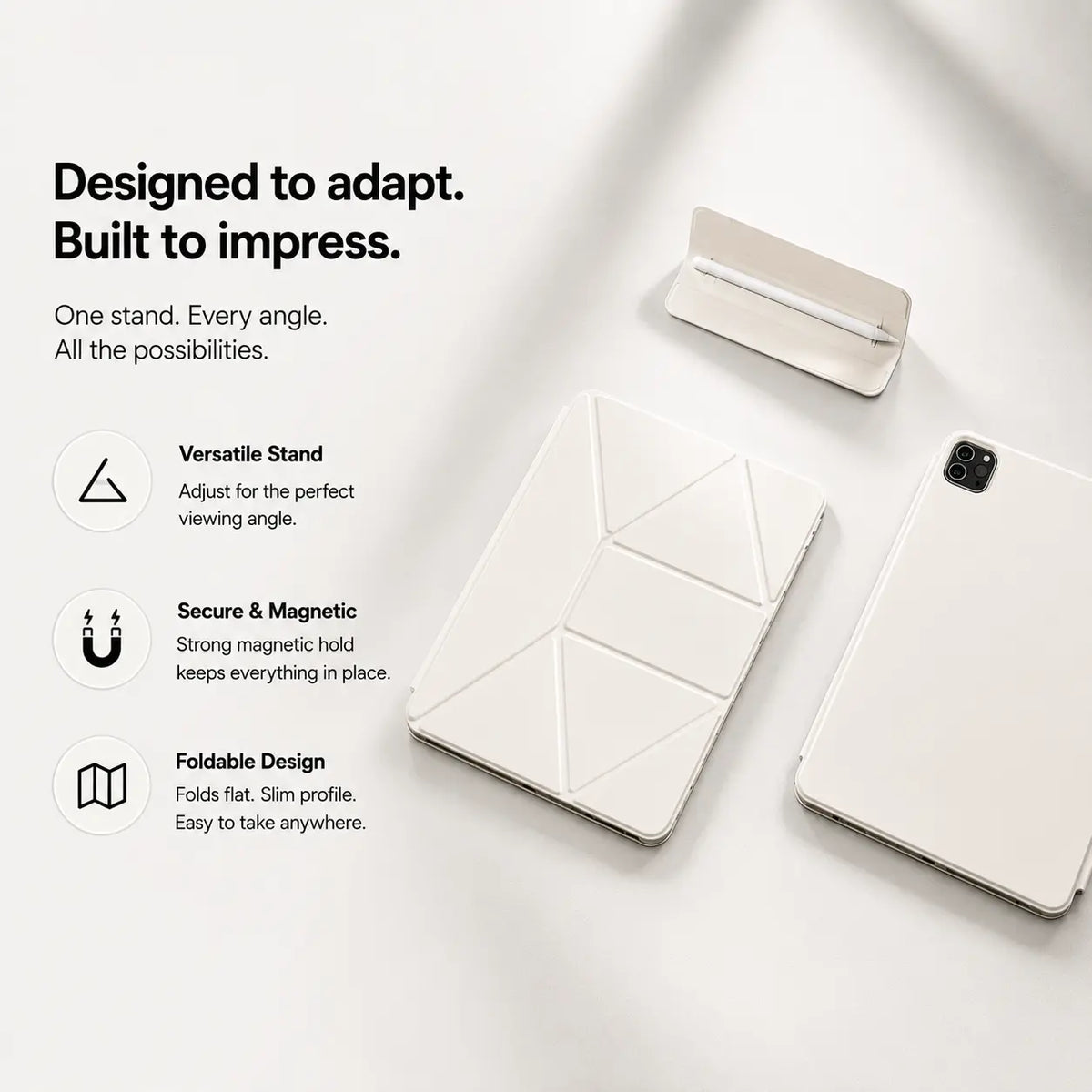 Arctic White folding magnetic tablet stand folded flat with its components #color_Arctic White