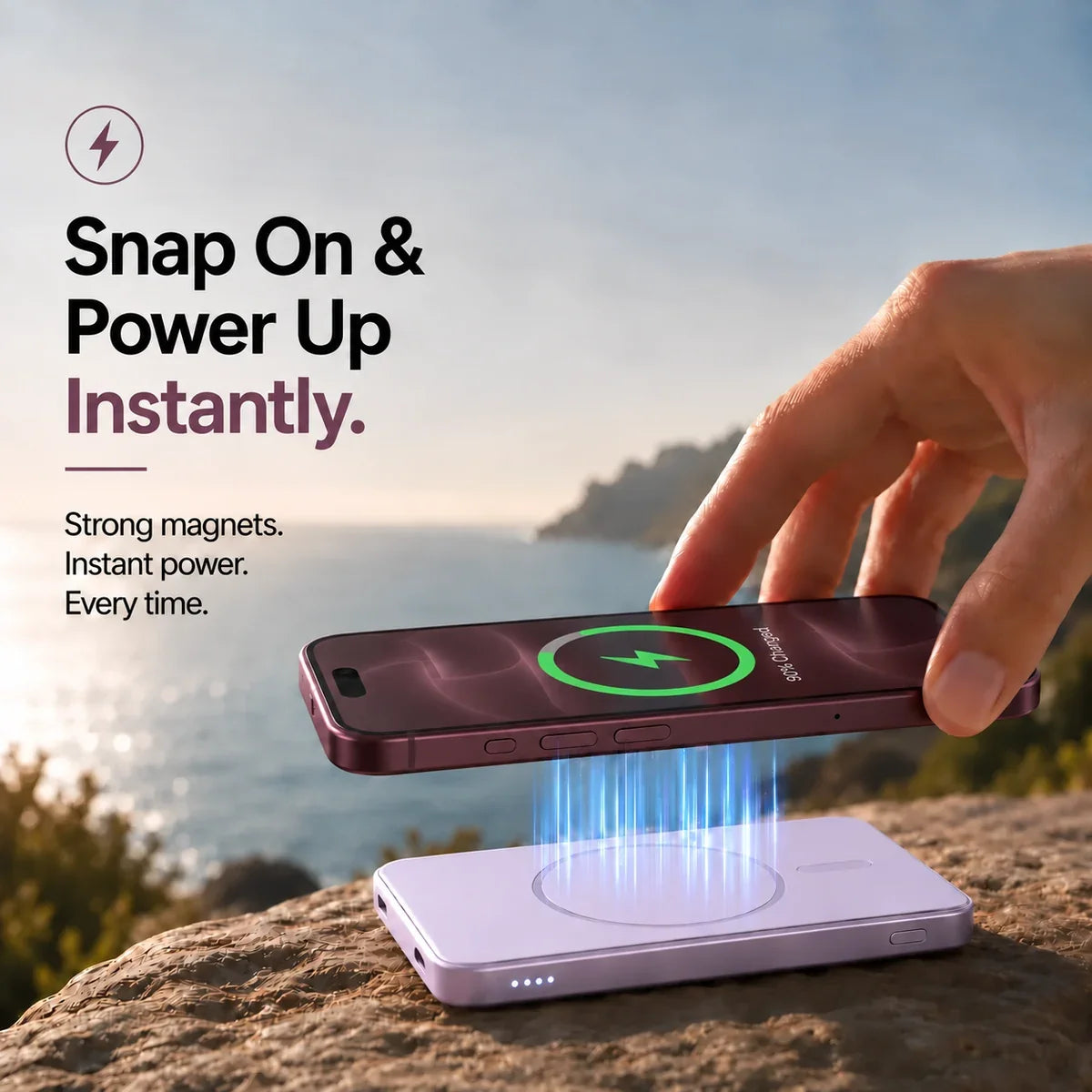 Lavender slim magnetic power bank with magnetic charging alignment. #color_Lavender