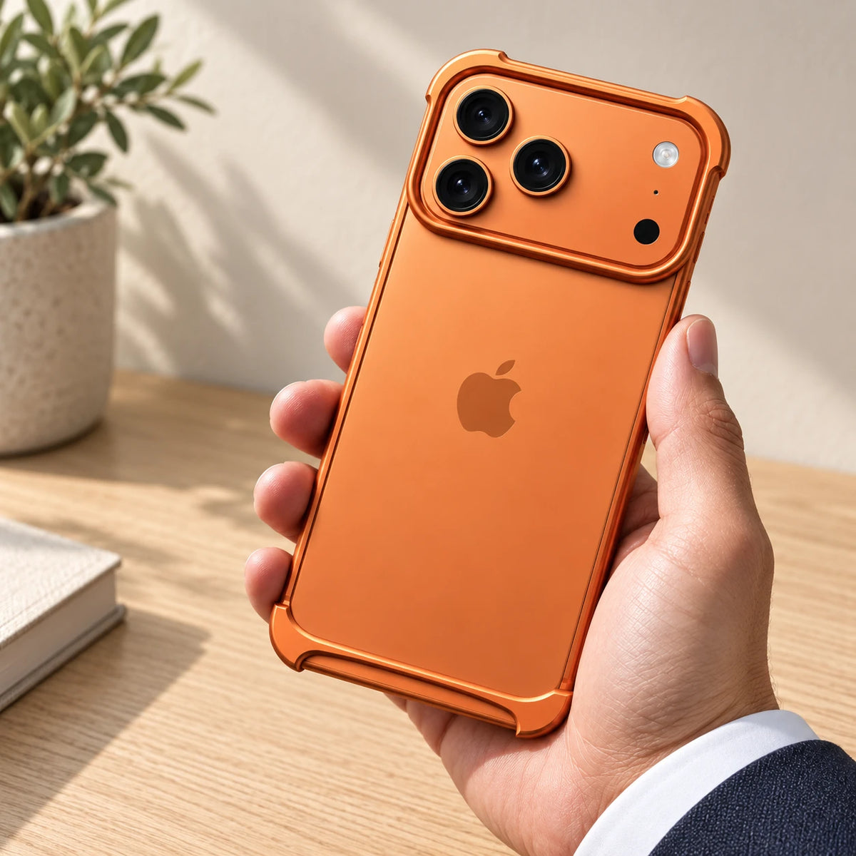Hand holding an orange phone with slim metal top and bottom guards and an exposed back.