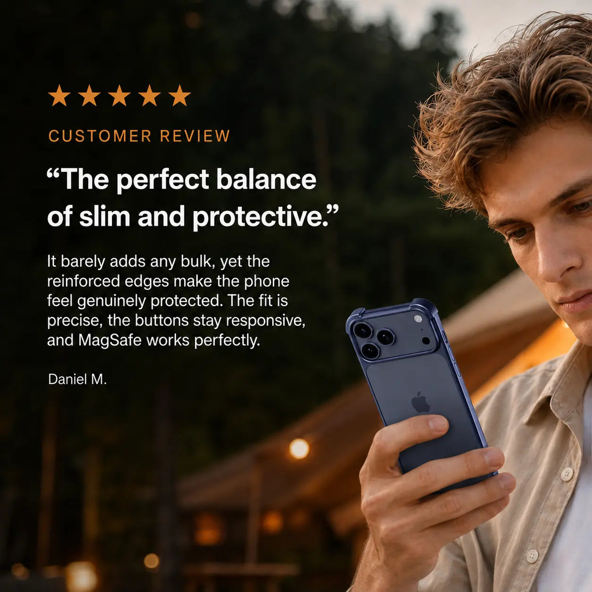 Man holding a dark blue bumper phone case beside a customer review graphic #color_Deep Blue