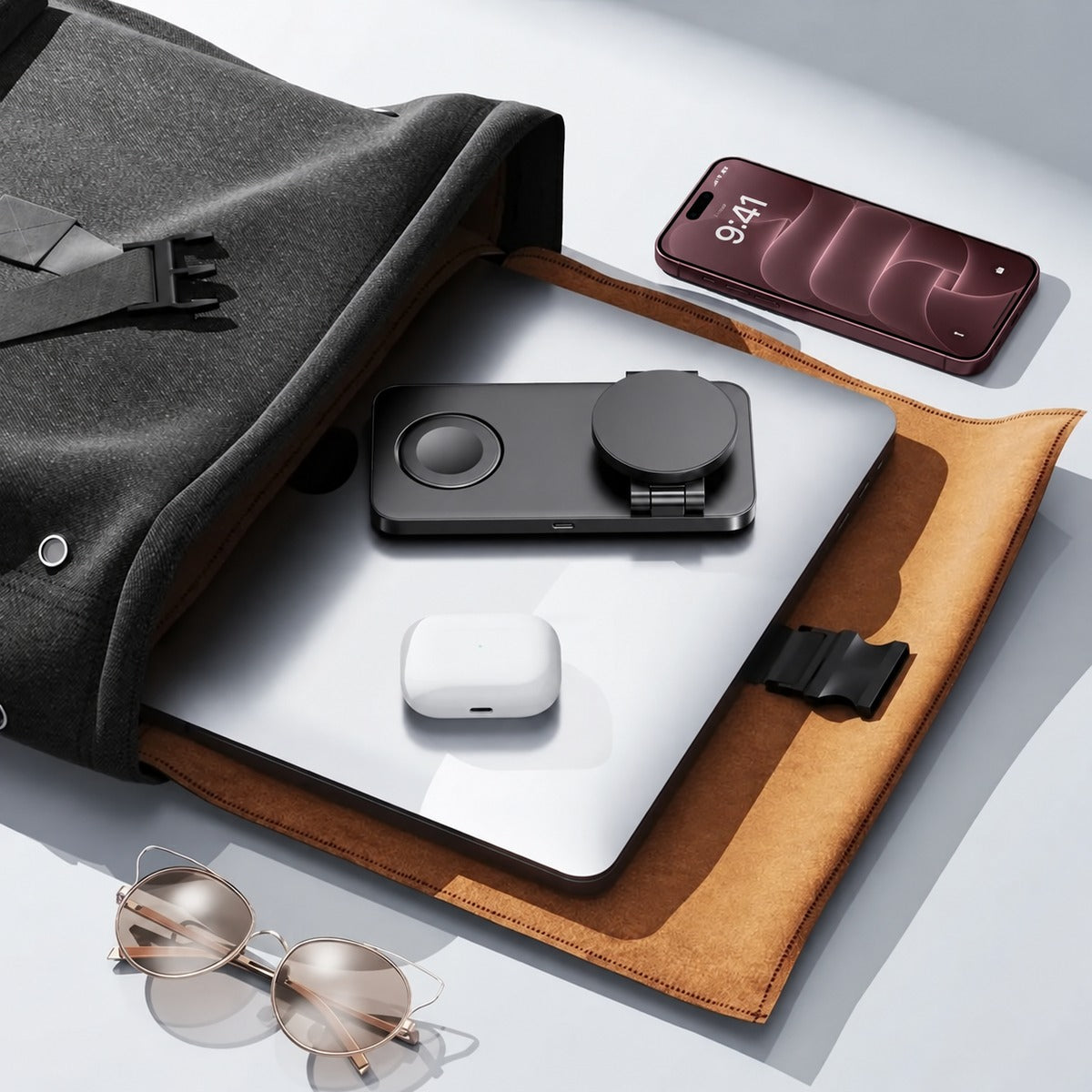Folded MagFold Base charger packed in a travel organizer.