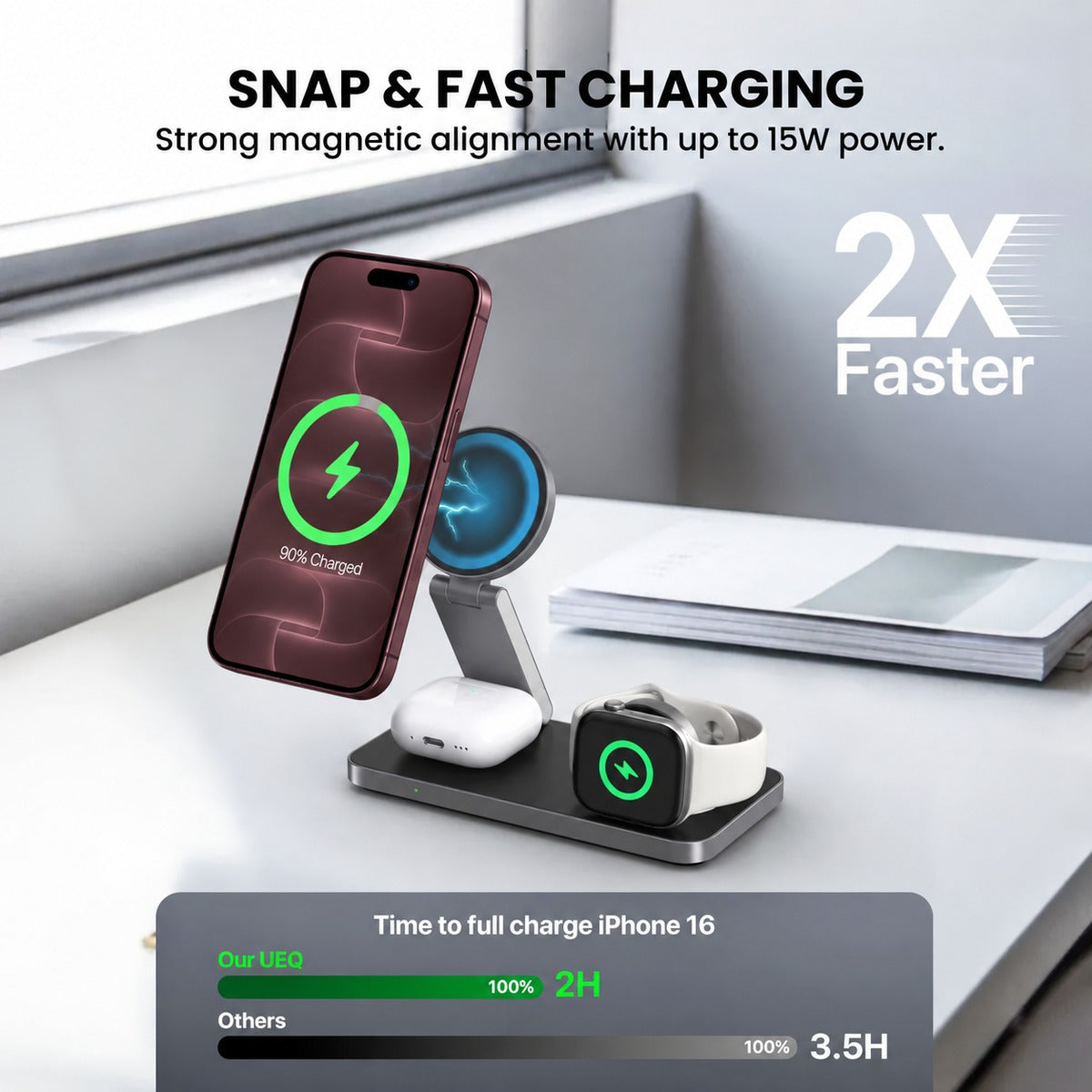MagFold Base snapping magnetically onto a Burgundy iPhone for fast charging.