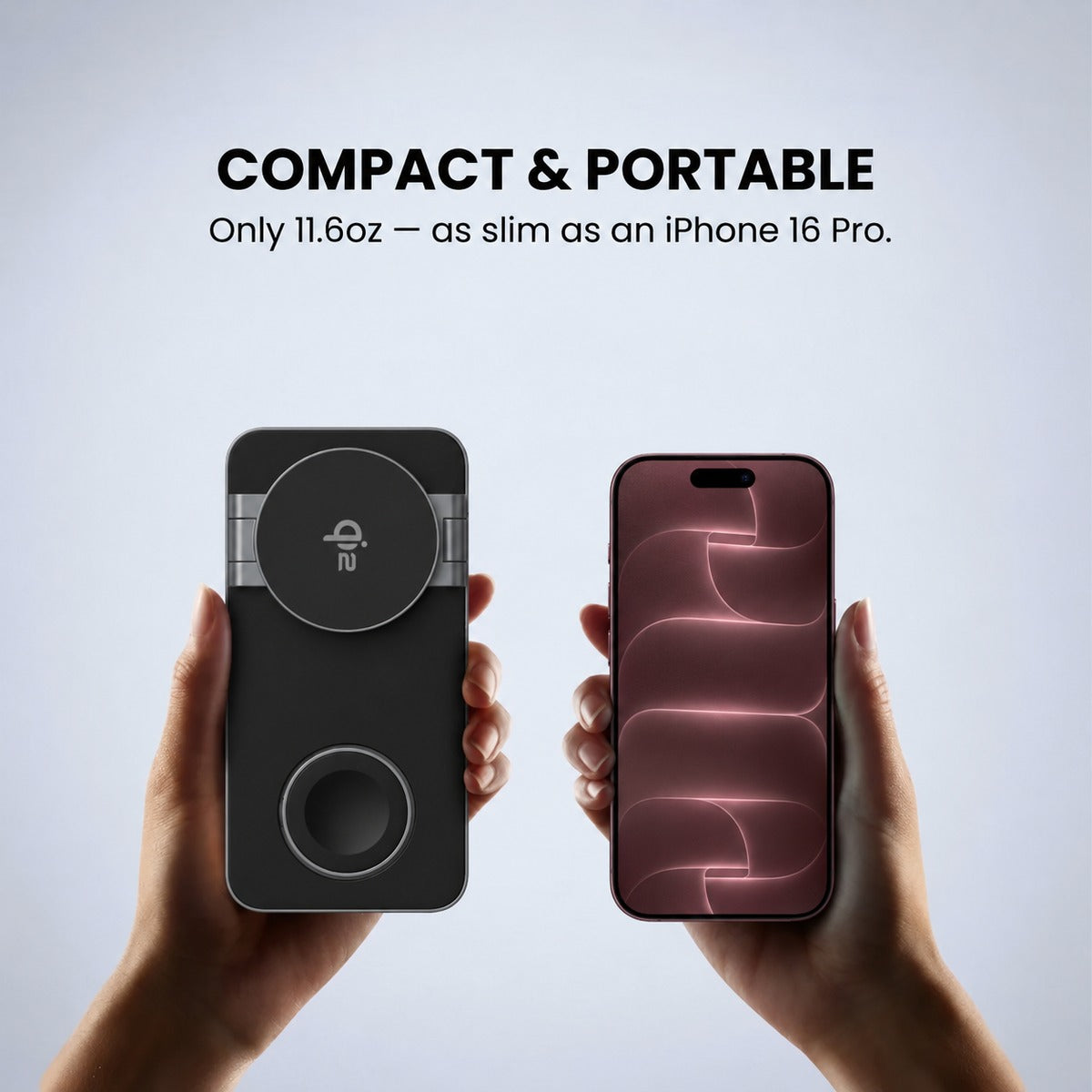 Compact MagFold Base charger held beside a Burgundy iPhone for size comparison.