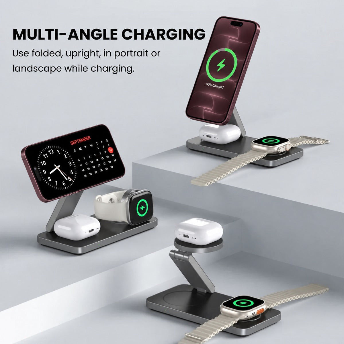MagFold Base in upright, horizontal and folded charging positions.