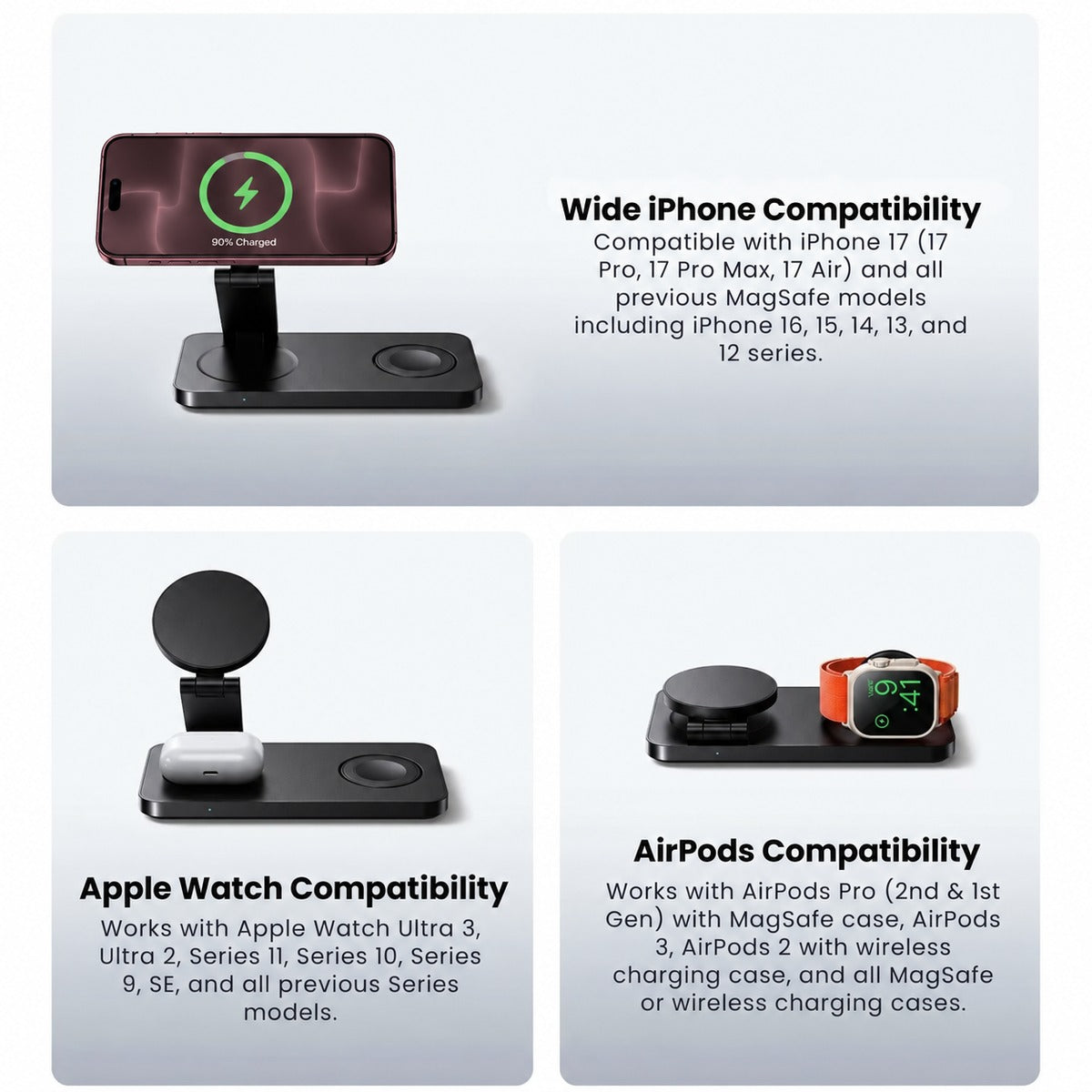MagFold Base compatibility with Burgundy iPhone, Apple Watch and AirPods.