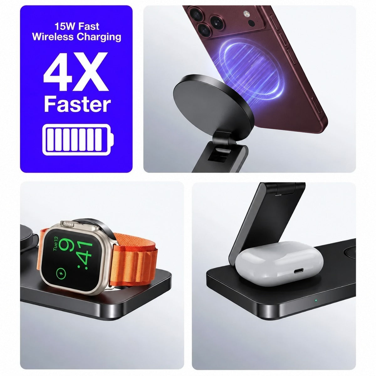 MagFold Base delivering 15W magnetic wireless charging.