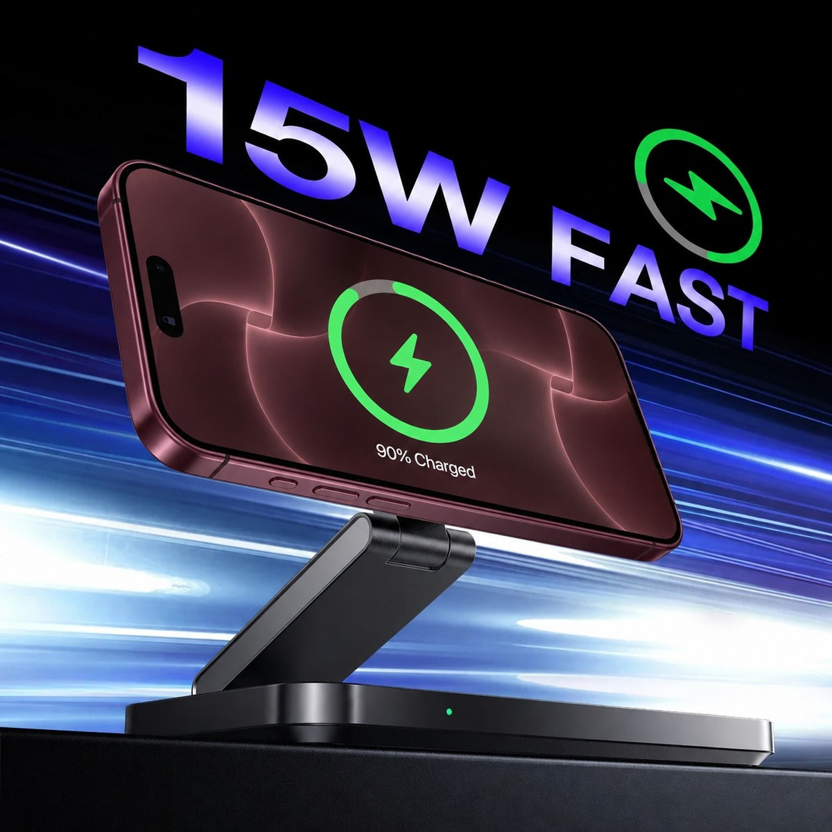 MagFold Base 15W fast wireless charging illustration.