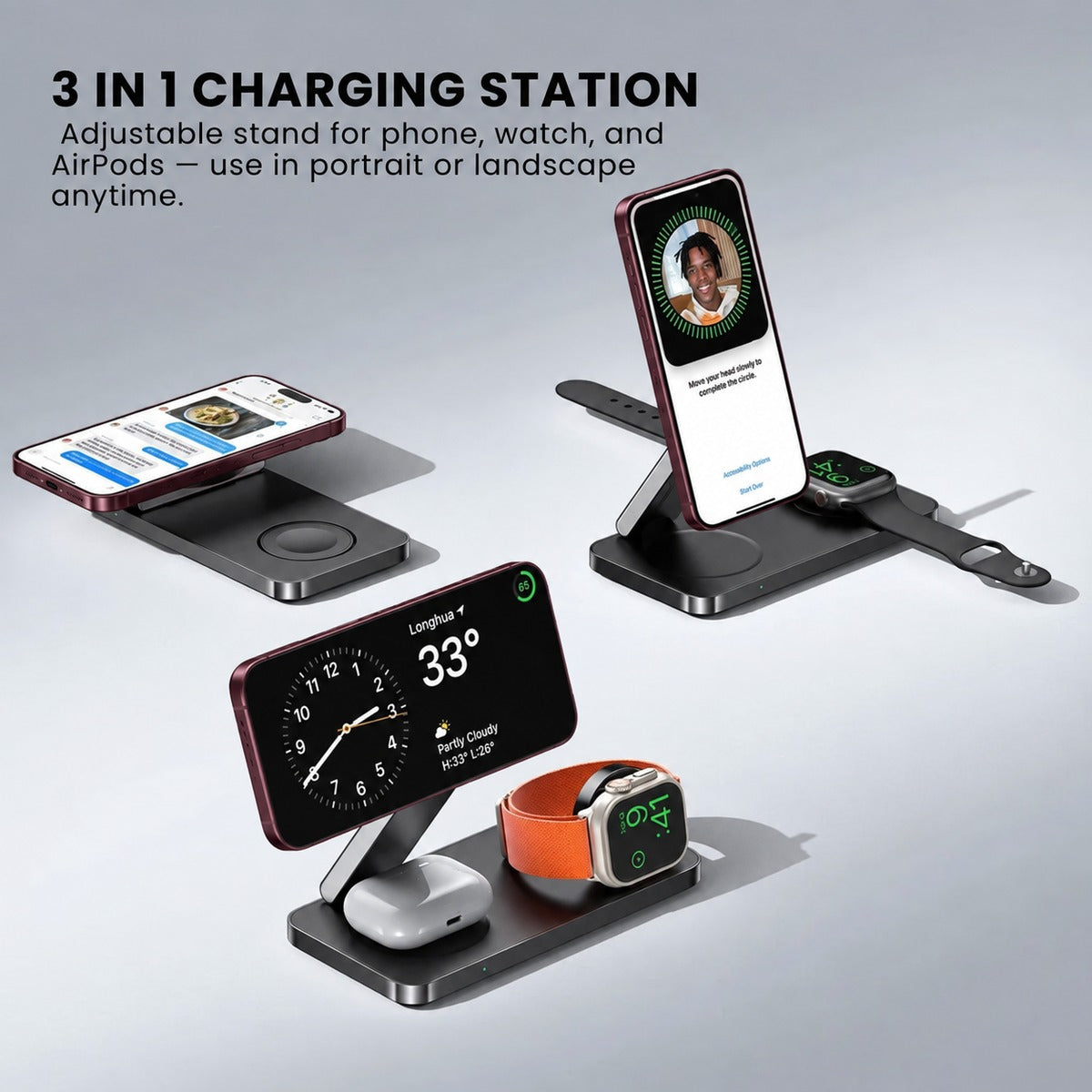 MagFold Base charging station arranged for Burgundy iPhone, Apple Watch and AirPods.
