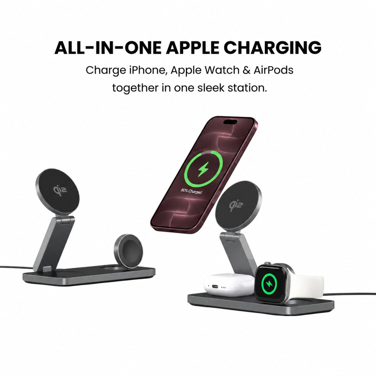 MagFold Base all-in-one Apple charging station in black and white.