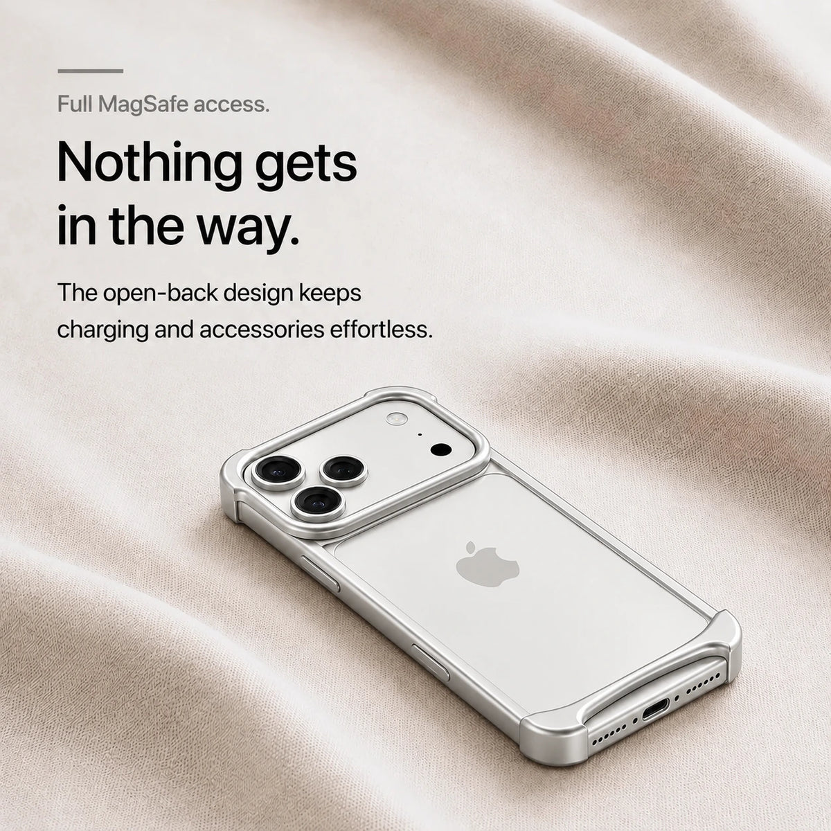 Silver open metal bumper phone case on pale fabric showing its open back #color_Titanium Silver