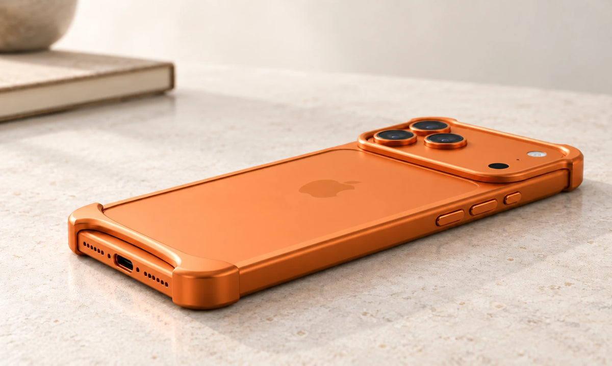 Low side view of an orange phone with a slim metal bumper, exposed side buttons and raised camera guard.