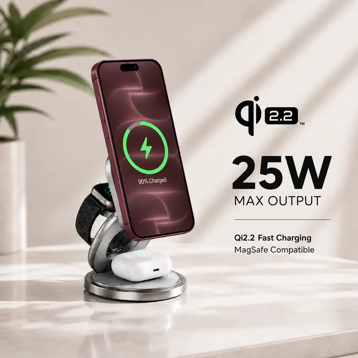 Titanium gray rotating wireless charger charging a Burgundy phone, watch and earbuds on a table. #color_Titanium Gray