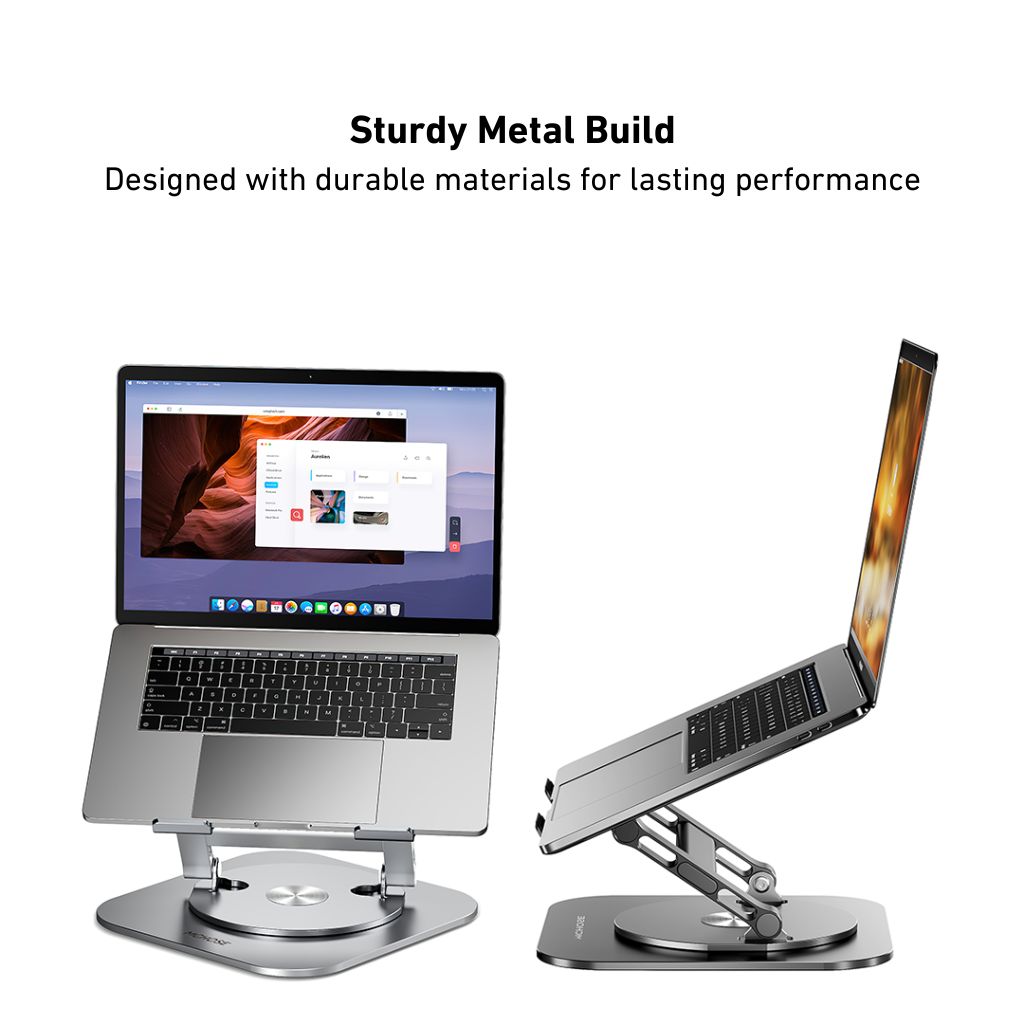 Laptop Stand with 360° swivel for laptops and tablets up to 17 inches. Features a foldable, ergonomic design, non-slip silicone pads for stability, and open structure for heat dissipation. Ideal for enhancing productivity and comfortable viewing angles.