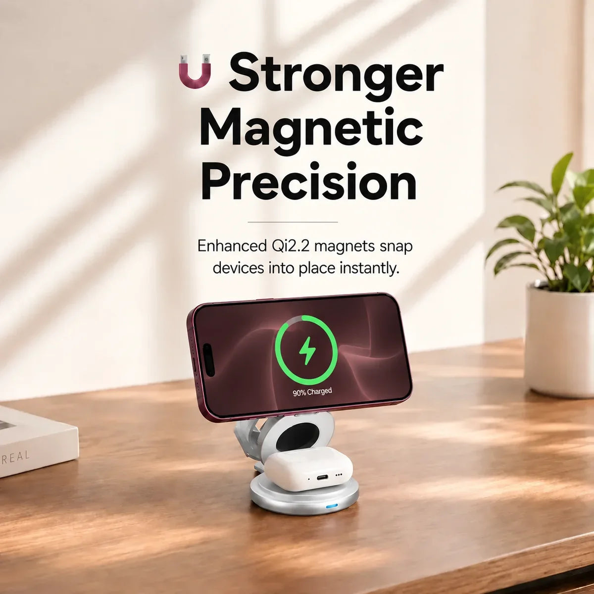 Arctic White rotating foldable wireless charger holding a Burgundy phone magnetically. #color_Arctic White