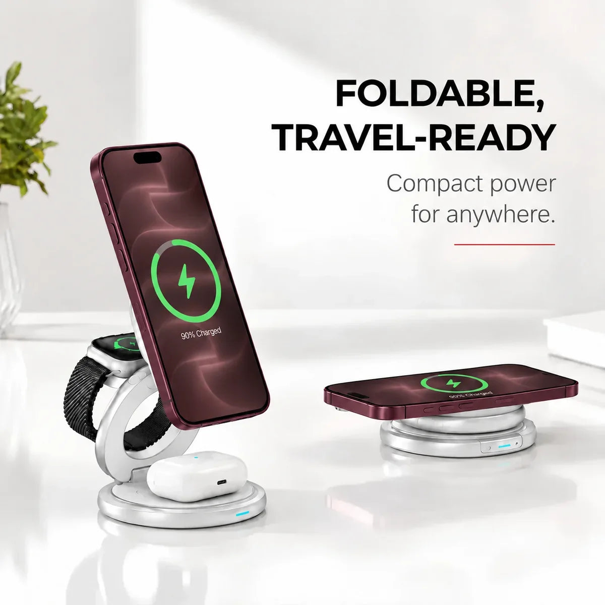 Arctic White rotating foldable wireless charger in upright and flat charging configurations with Burgundy phones. #color_Arctic White