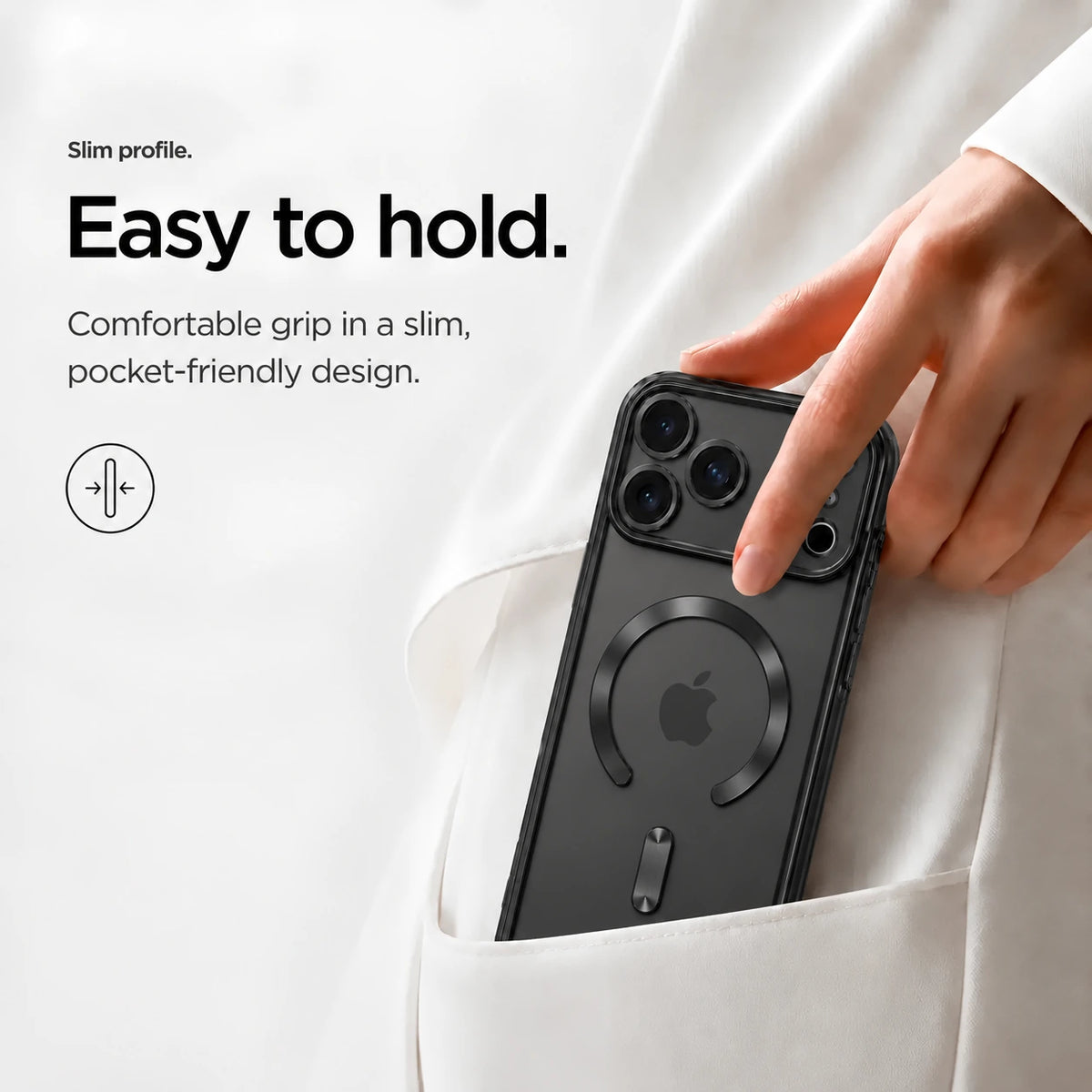 Black slim phone case being placed in a white clothing pocket #color_Midnight Black