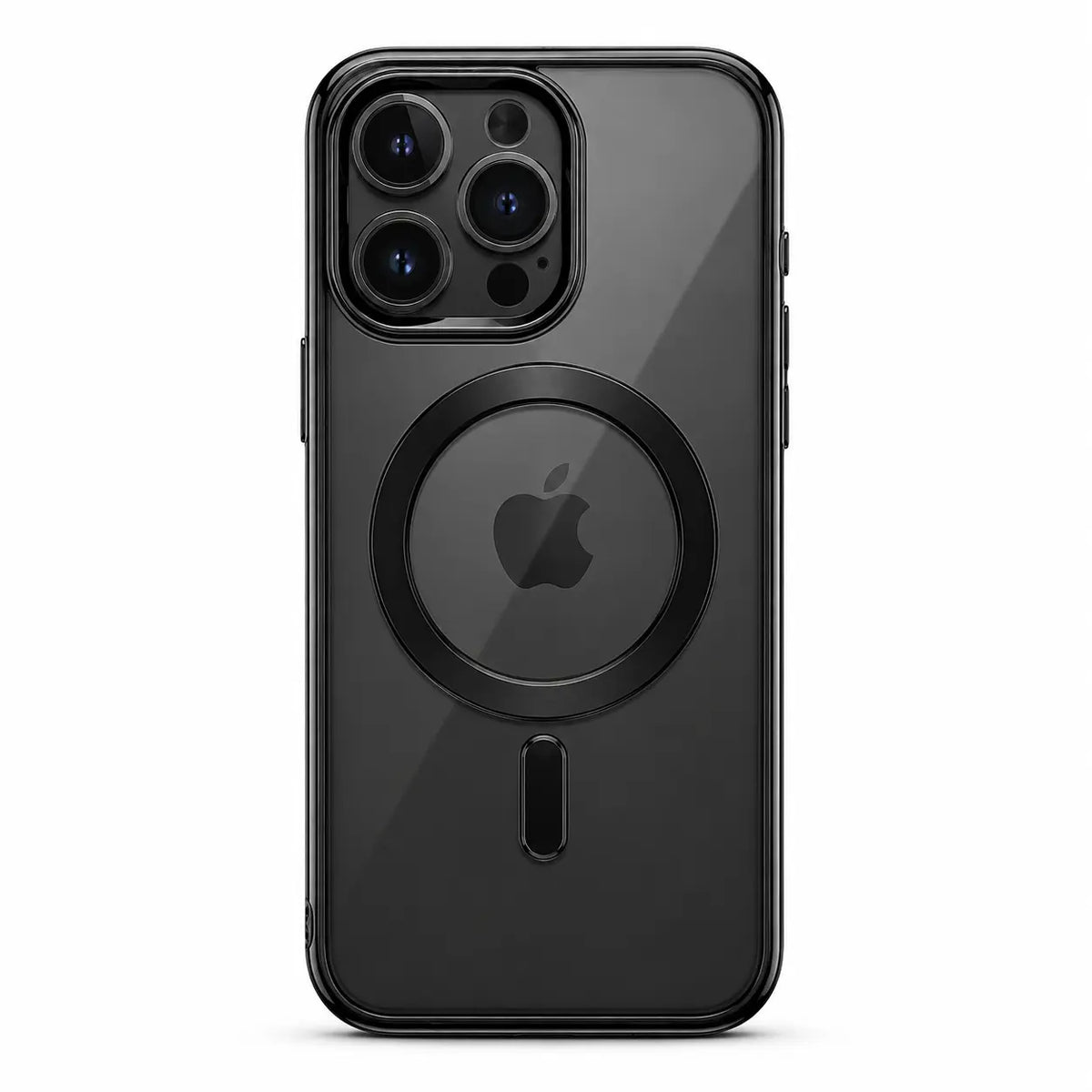 Black tinted magnetic phone case with triple camera openings, shown from the back on white #color_Midnight Black
