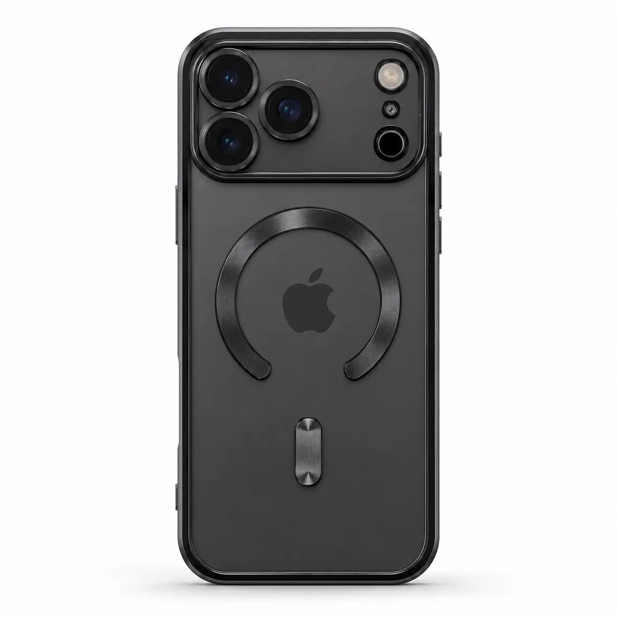 Black tinted magnetic phone case with wide camera openings, shown from the back on white #color_Midnight Black