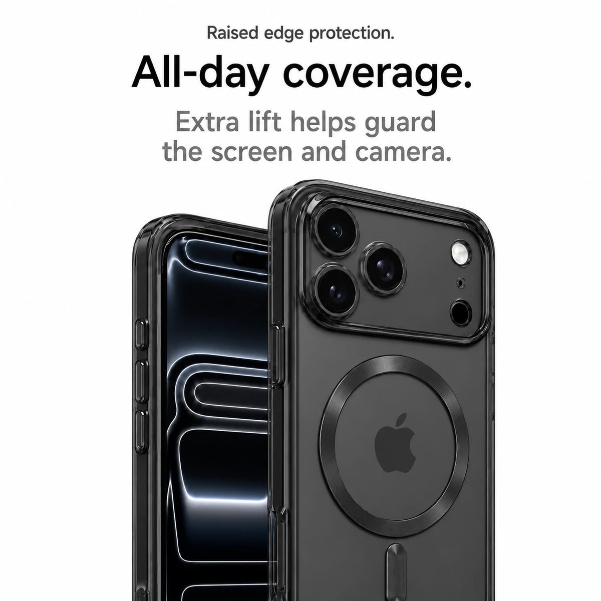 Black tinted phone case showing the front screen and raised rear camera surround #color_Midnight Black