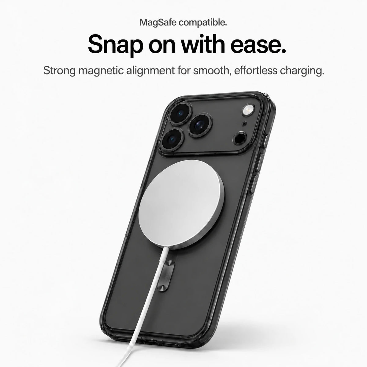 Black tinted phone case attached to a white magnetic wireless charging puck #color_Midnight Black