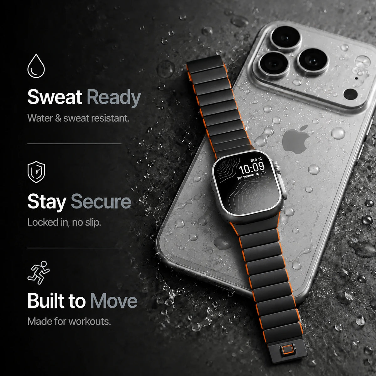 Black Titanium Cosmic Orange hybrid watch band with a water resistance illustration #color_Black Titanium Cosmic Orange