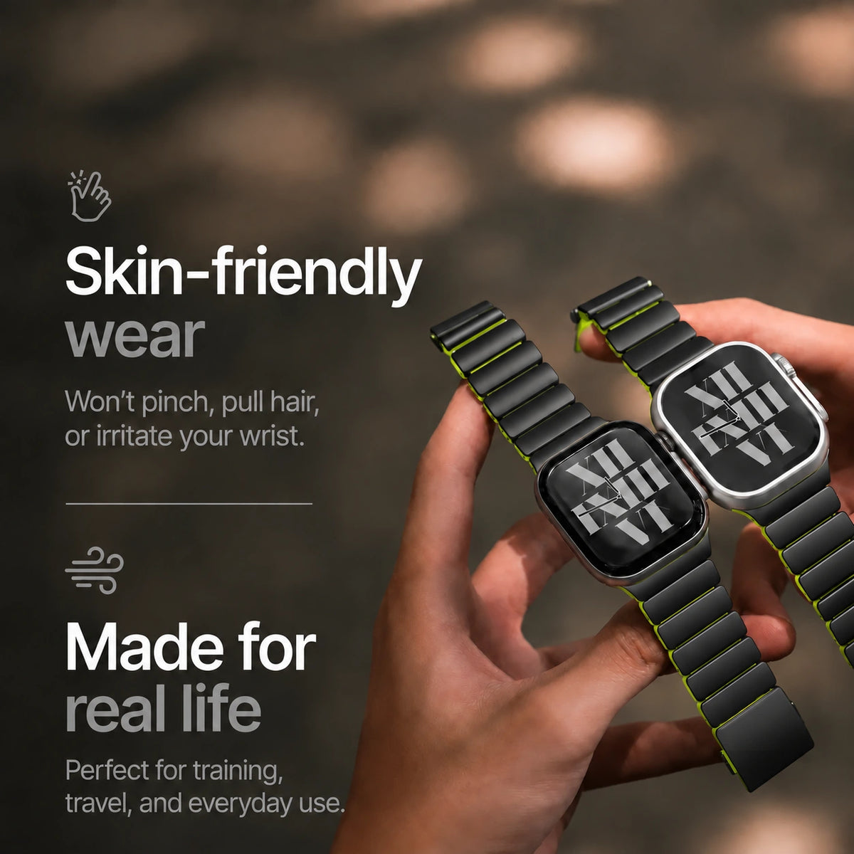 Black Titanium Forest Green hybrid watch band worn comfortably on wrists #color_Black Titanium Forest Green