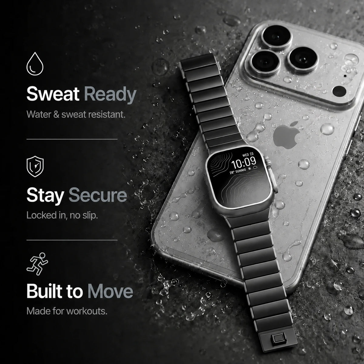 Black Titanium Stone Gray hybrid watch band with a water resistance illustration #color_Black Titanium Stone Gray