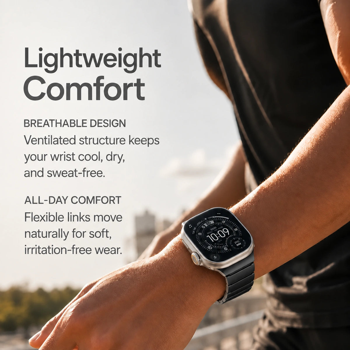 Black Titanium Stone Gray hybrid watch band worn during everyday activity #color_Black Titanium Stone Gray