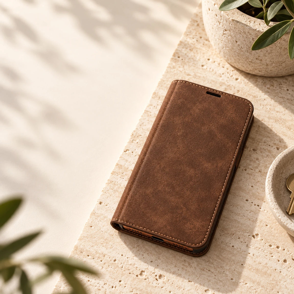 Closed brown folio phone case with stitched edges on a pale stone surface.