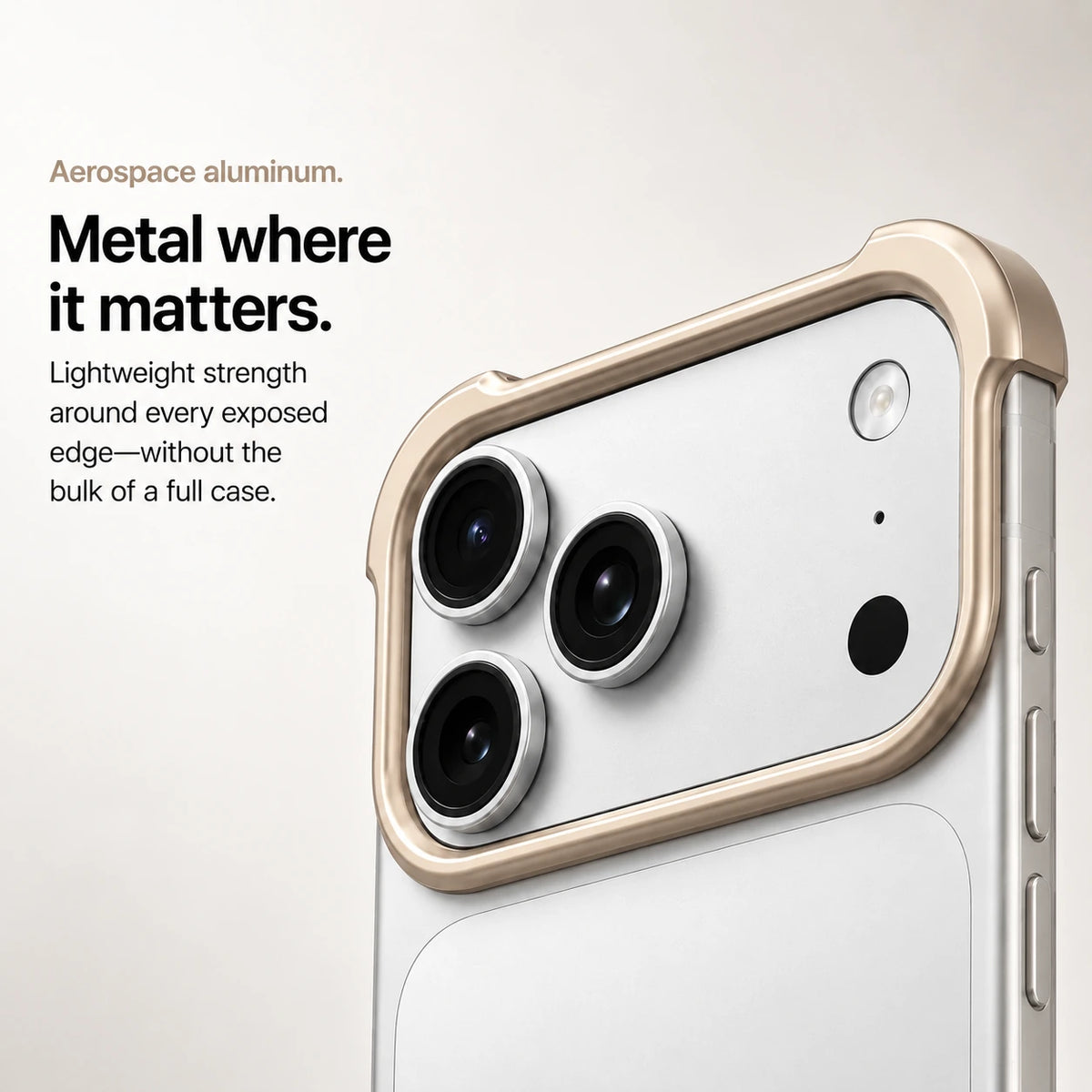 Champagne gold open metal bumper phone case with a close view of its raised camera perimeter #color_Champagne Gold
