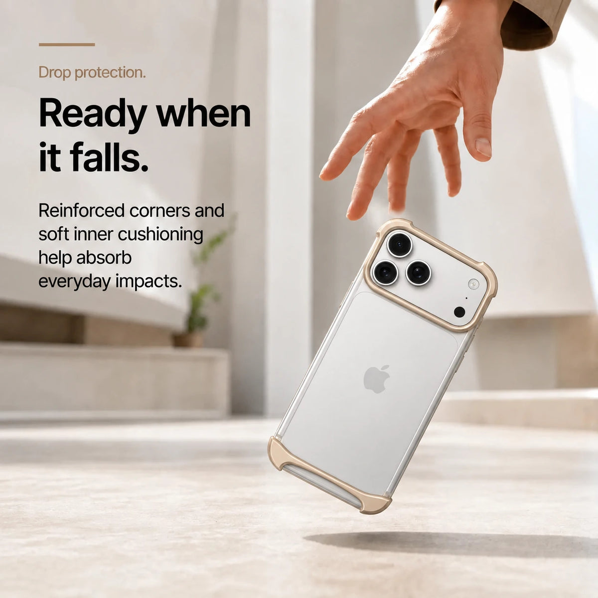 Champagne gold open metal bumper phone case in a drop protection scene #color_Champagne Gold