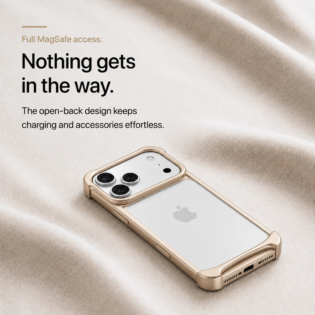 Champagne gold open metal bumper phone case on pale fabric showing its open back #color_Champagne Gold
