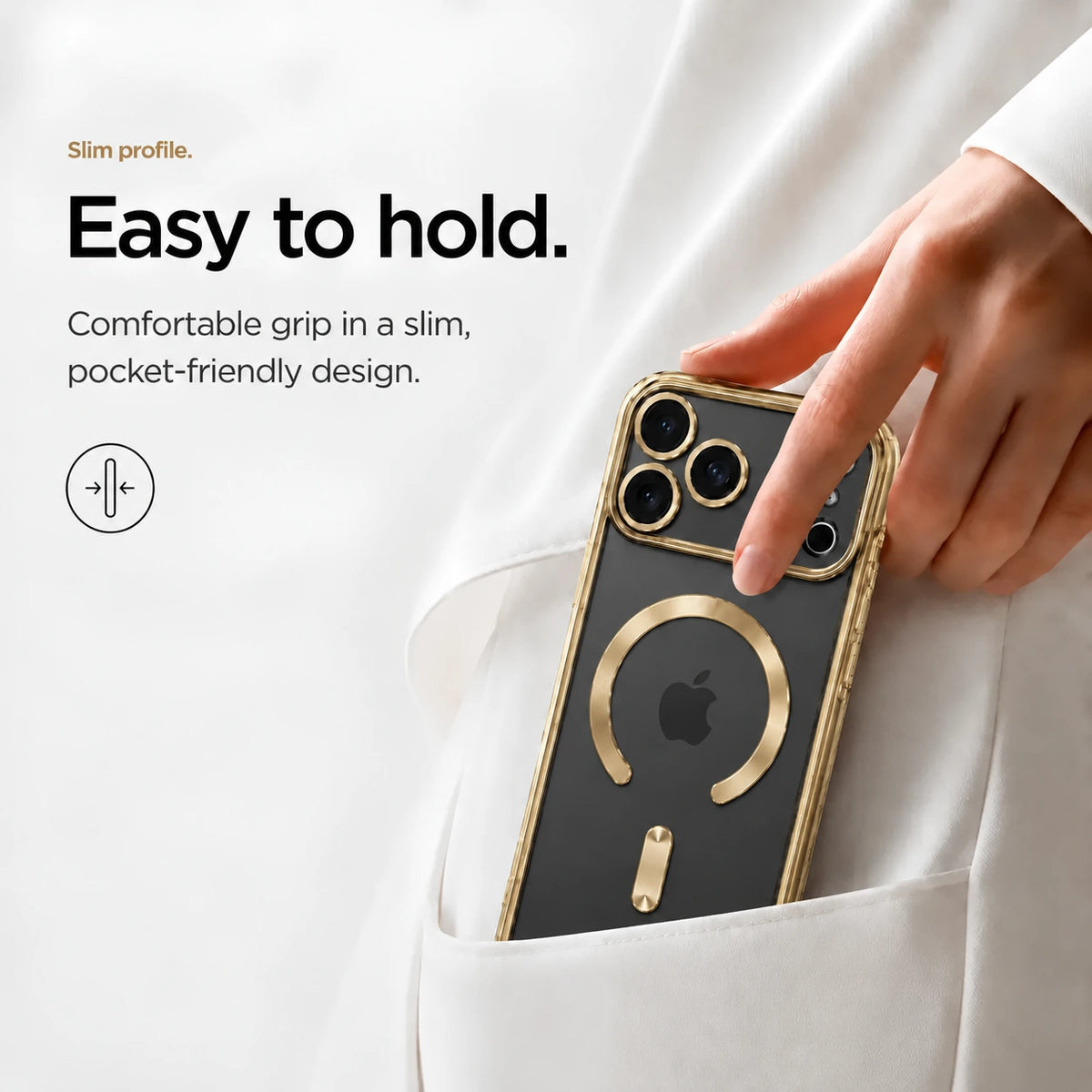 Champagne gold slim phone case being placed in a white clothing pocket #color_Champagne