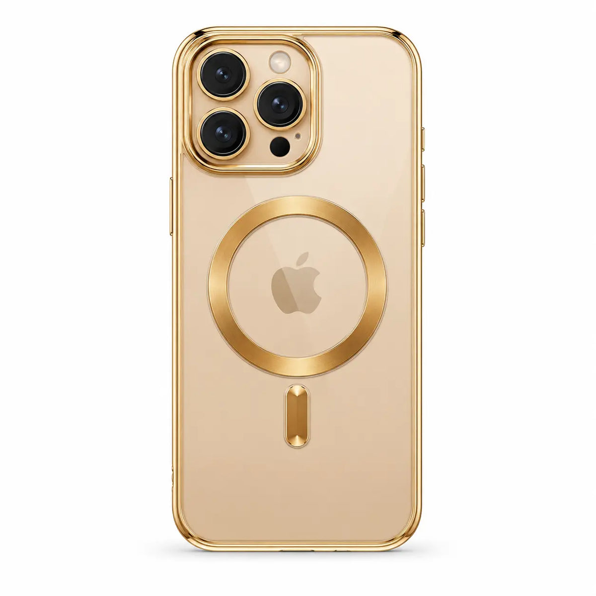 Champagne gold tinted magnetic phone case with triple camera openings, shown from the back on white #color_Champagne