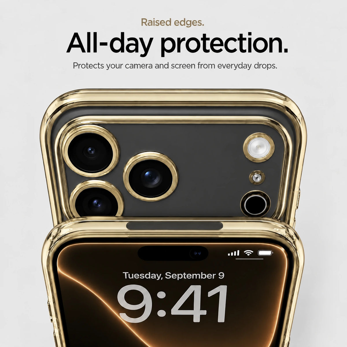 Champagne gold tinted phone case in close-up showing raised camera and screen edges #color_Champagne