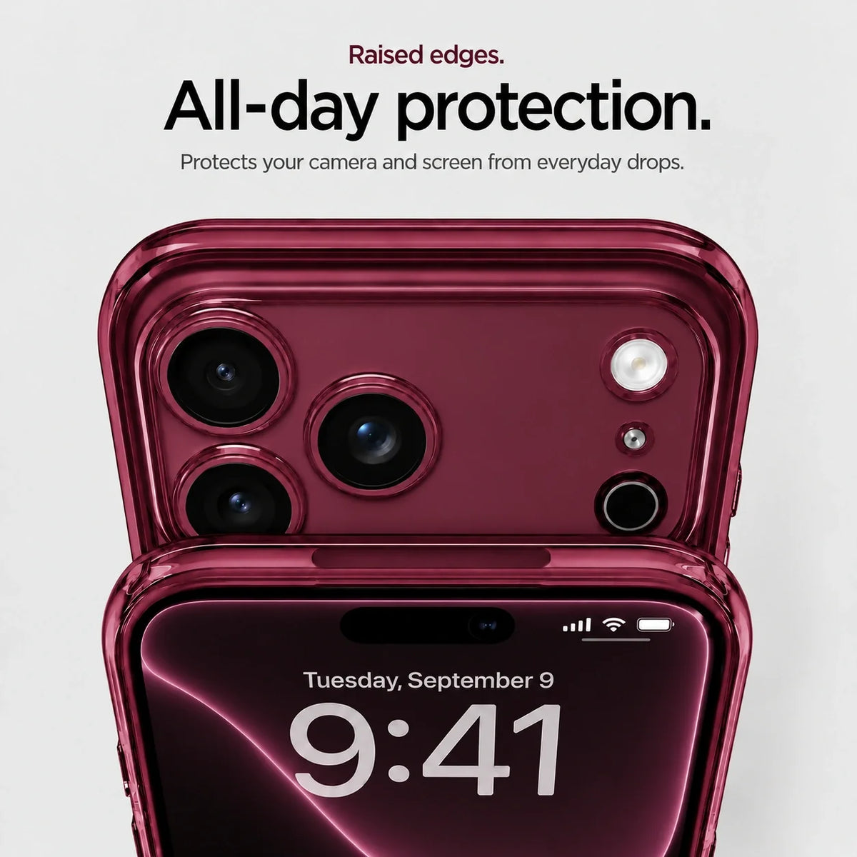 Burgundy clear magnetic phone case showing raised camera and screen edges #color_Burgundy