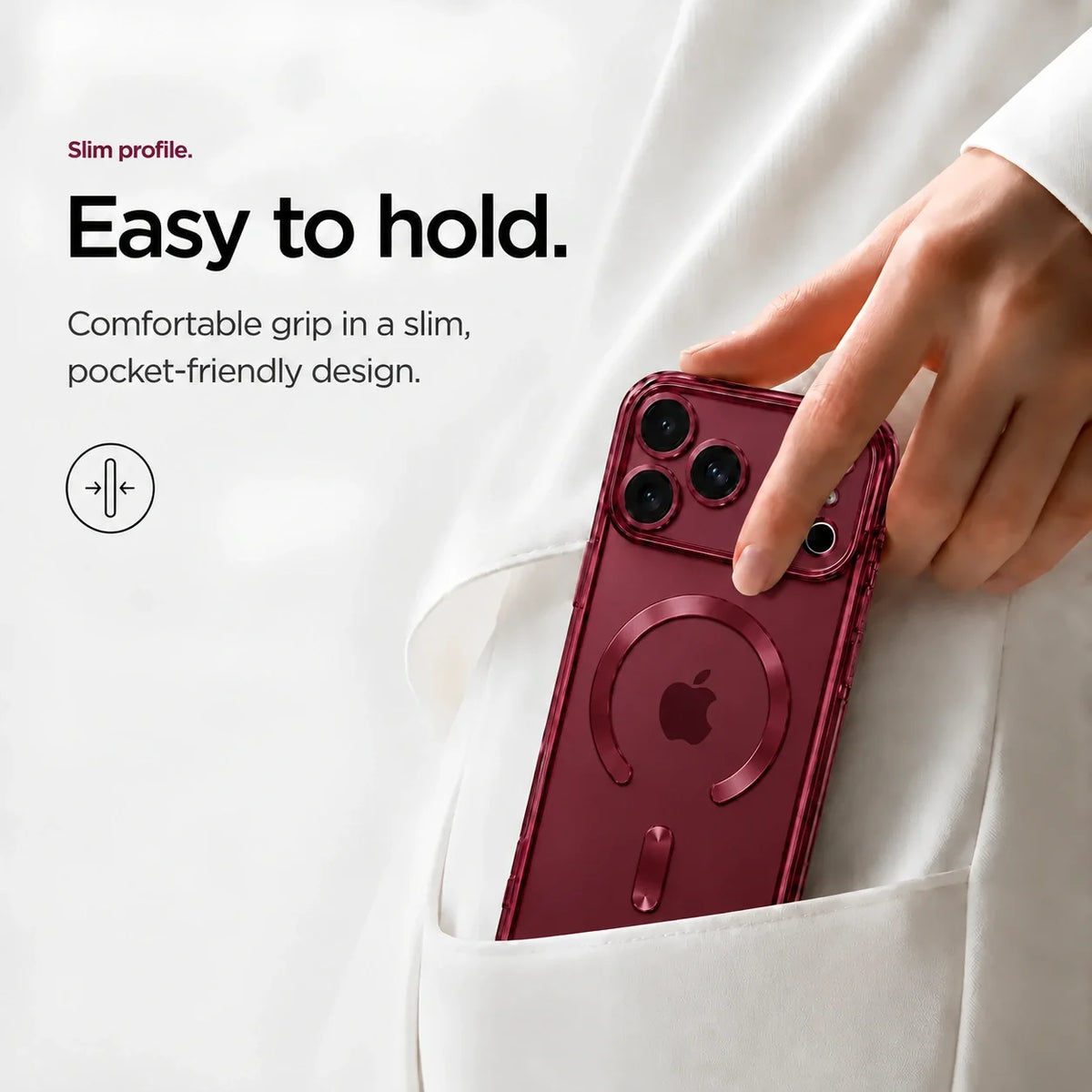 Burgundy clear magnetic phone case sliding into a pocket #color_Burgundy
