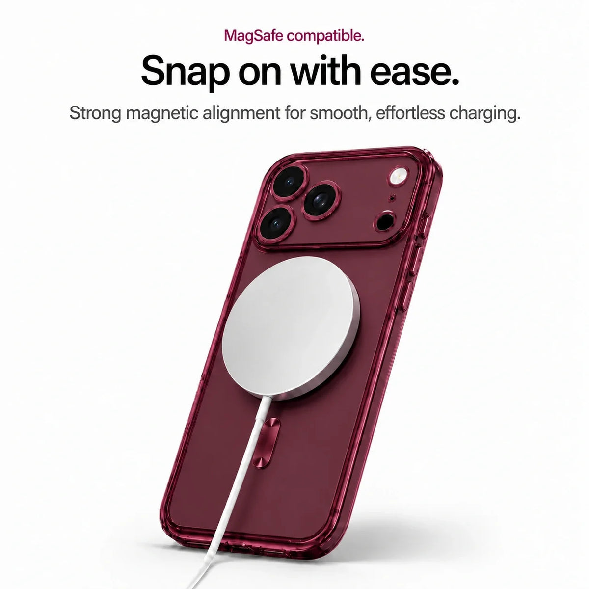 Burgundy clear magnetic phone case with a magnetic wireless charging puck #color_Burgundy