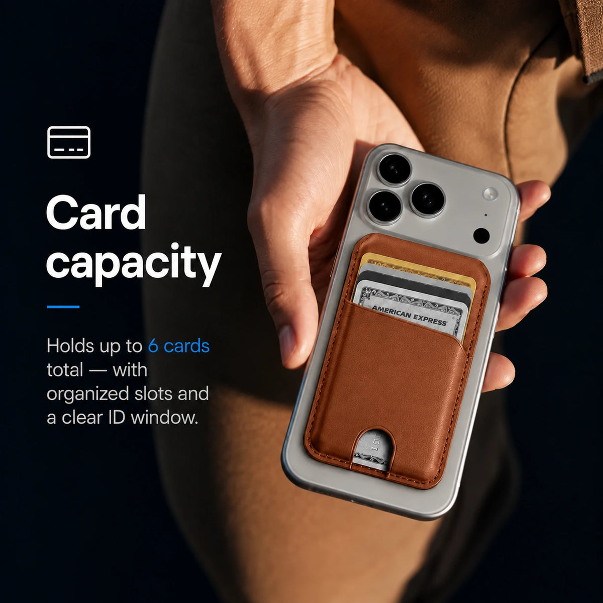Chestnut Brown magnetic wallet attached to a Burgundy iPhone held in a hand. #color_Chestnut Brown