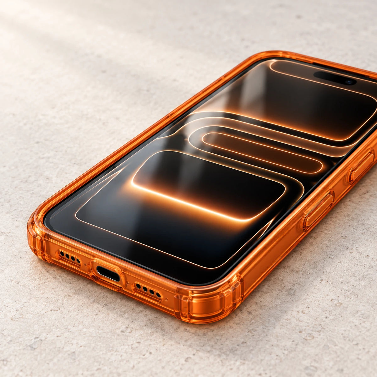 Close-up of a clear orange phone case showing its raised screen edge and rounded corner.