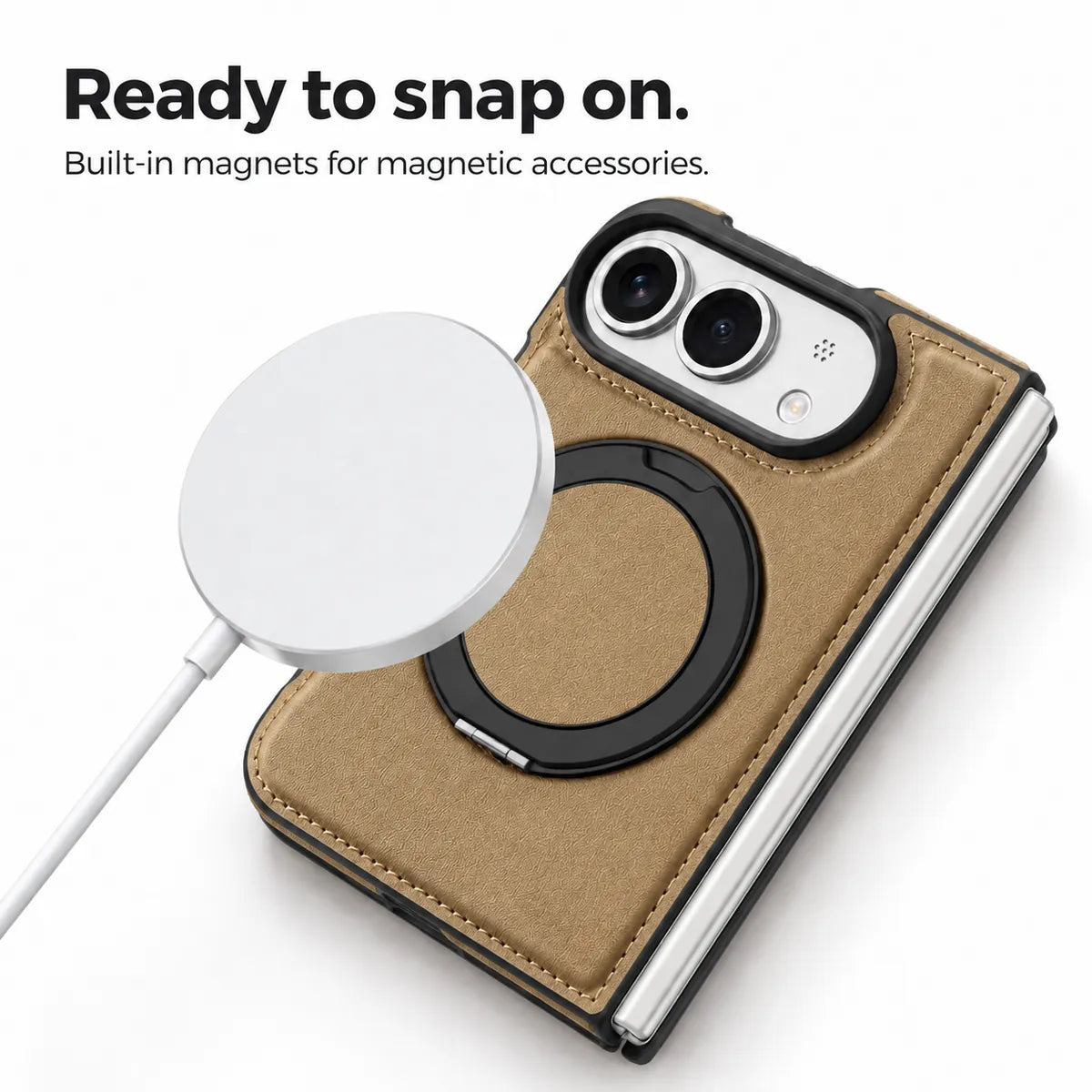 Textured synthetic leather phone case with a magnetic accessory beside the built-in ring. #color_Desert Gold