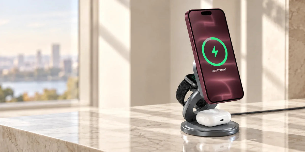 Gray folding wireless charging stand holding a phone, smartwatch and white earbud case.